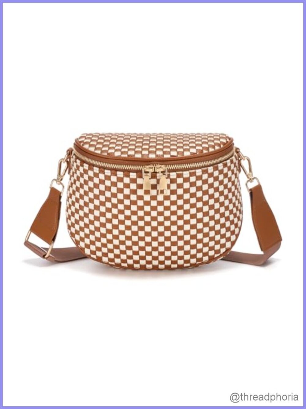 Woven Vegan Leather Crossbody Bag Women Checkered Waist Pack Zipper 3 Pocket